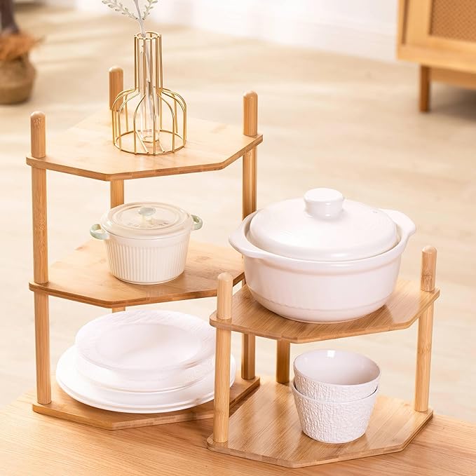 3-Tier Expandable Bamboo Corner Shelf - Dish/Plate Organizer for Cabinet, Kitchen Counter Shelf & Small Kitchen Shelf, Adjustable (Natural, 2-Pc 6.70" H)