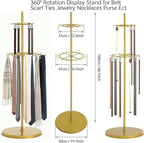 Gold Belt Display Scarf &Ties Rack Stand, 360° Rotation Floor Mounted Belt Hanger, Metal Men Closet Belt Organizer Holder Jewelry Necklaces Purse Hanger Shelf for Clothing Store Retail & Home