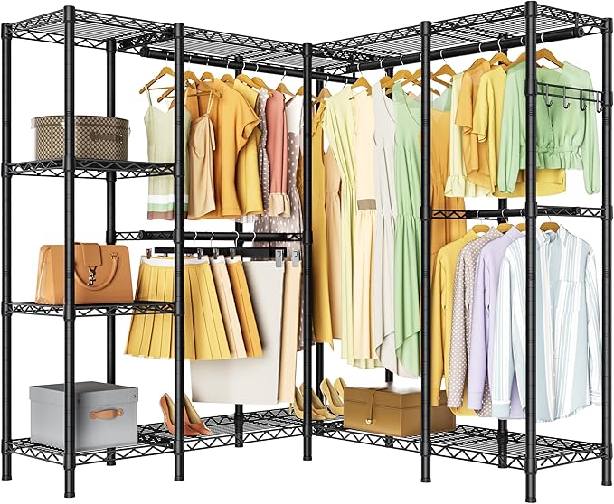 Heavy Duty Garment Rack Clothes Rack,Large Metal Closet Organizer System Storage Wardrobe,Freestanding Clothing Rack with Adjustable Wire Shelves& Hang Rods,MaxLoad 1100lbs
