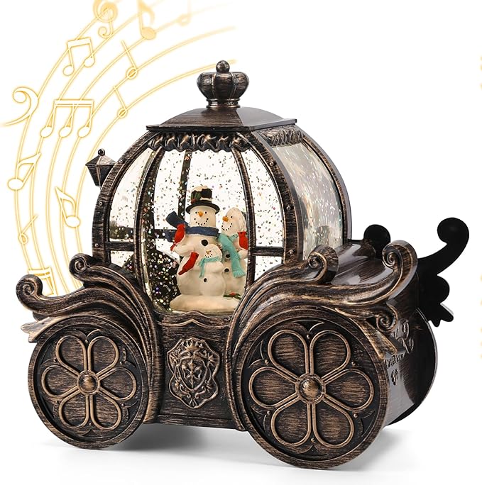 Snowman Sled Car Christmas Snow Globe Lantern-Glittering Light Up Musical Snow Globe Christmas Decorations, 6H Timer, USB & Battery Operated, Snowman Sled Car Indoor Home Décor