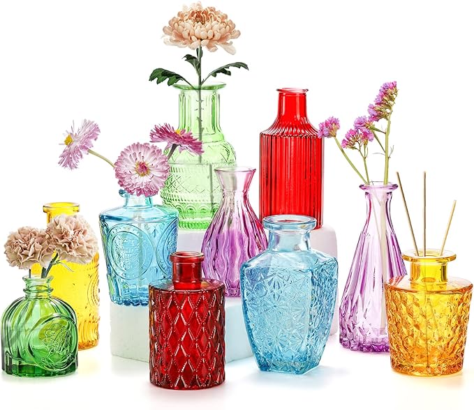 Coloch Set of 10 Colored Bud Vases, Assorted Small Glass Flower Vases Vintage Carved Floral Vase Single Bud Vase in Bulk for Centerpieces, Parties, Wedding Decoration, Office, Home