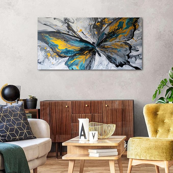 Abstract Butterfly Wall Art Teal Grey Yellow Butterfly Wall Decor Modern Marble Textured Canvas Poster Luxury Fluid Pictures Watercolor Neutral Artwork for Living Room Bedroom Home Decoration 24x48"