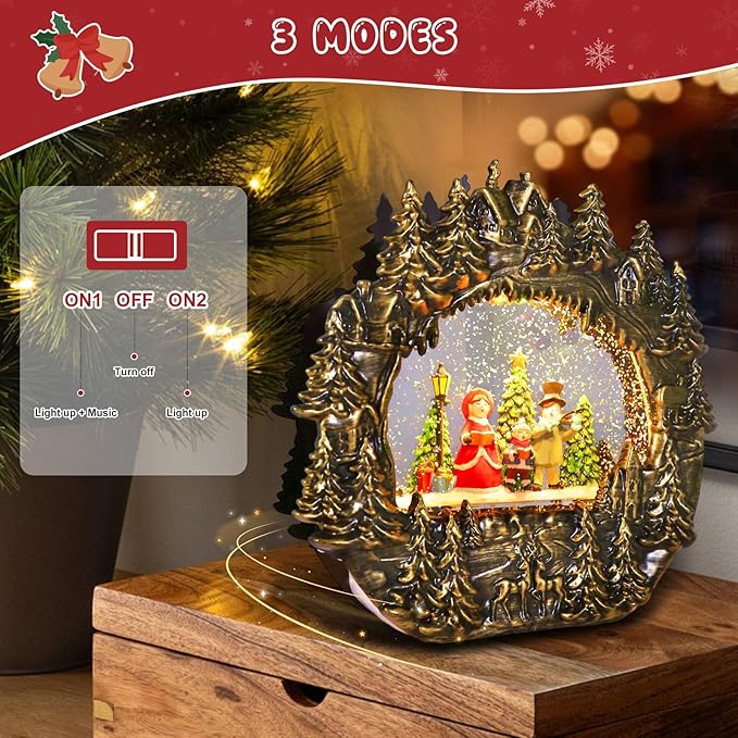 Christmas Snow Globe Lantern Water Glittering Globe with Caroling Family 8 Music Songs & 6H Timer Christmas Snow Globes USB & Battery Operated for Christmas Festival Decorations Gifts (Bridge-Family)