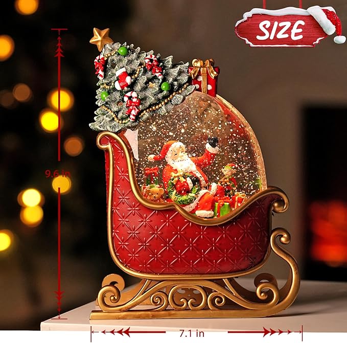 Christmas Snow Globe with Santa's Sleigh Elk - Lighted Musical Snow Globe Christmas Decorations with Timer, Swirling Glitter, Battery/USB Powered, Holiday Decor(Santa Claus Sleigh)