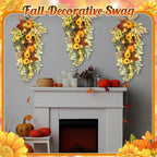 Lyrow 4 Pcs Cordless Prelit Artificial Swags 24" Pumpkin Stairway Swag Teardrop Trim with Timer Christmas Staircase Decoration Battery Operated Garland for Indoor Outdoor Railing