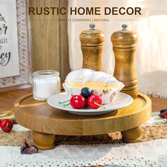 EOSAHR Farmhouse Round Wood Riser – Wooden Tray Pedestal Stand for Bathroom Decor & Kitchen Sink – Decorative Riser Display Stand for Cupcake and Sponge (Light Brown)