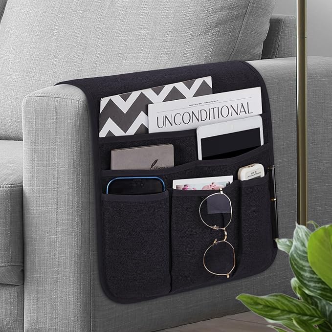 Teniux Remote Control Holder Armchair Caddy for Recliner Couch, Non-Slip Armrest Organizer with 5 Pockets for Magazine, Tablet, Phone, iPad