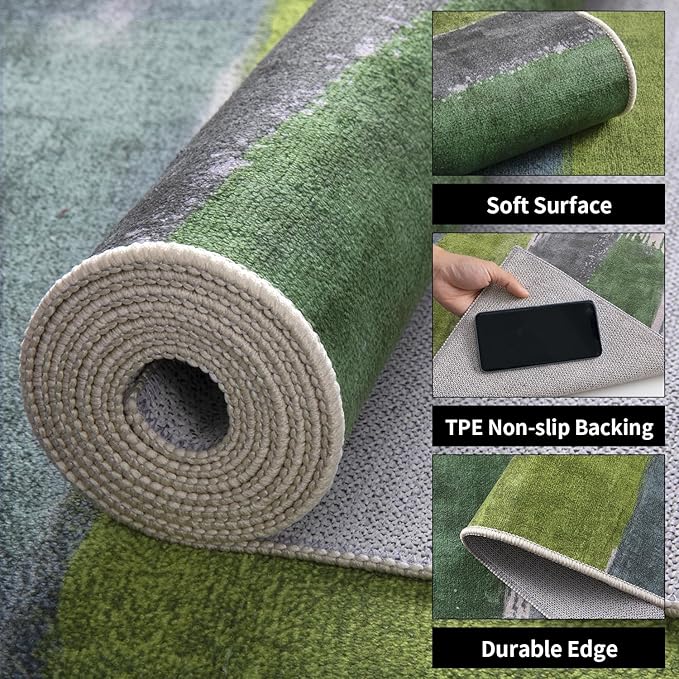 Ciicool Modern Abstract Green Rug for Living Room, 10'x14' Machine Washable Area Rug Non-Slip Rug, Low-Pile Contemporary Indoor Dining Floor Carpet for Bedroom Office Under Table Home Decor