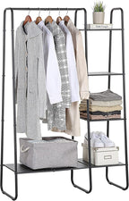 SunnyPoint Open Closet Garment Rack with 4-Tier Shelves & Bottom Storage Shelf, Freestanding Open Wardrobe Clothes Rack Organizer with Hanging Rod for Bedroom Closet, Clothing Rack with Shelves