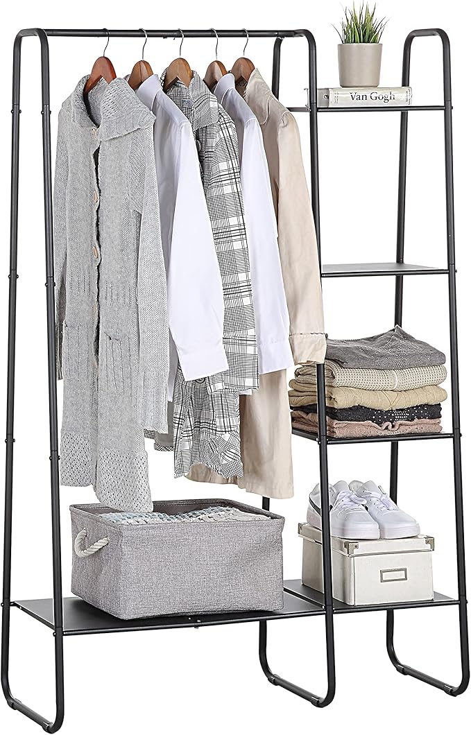 SunnyPoint Open Closet Garment Rack with 4-Tier Shelves & Bottom Storage Shelf, Freestanding Open Wardrobe Clothes Rack Organizer with Hanging Rod for Bedroom Closet, Clothing Rack with Shelves