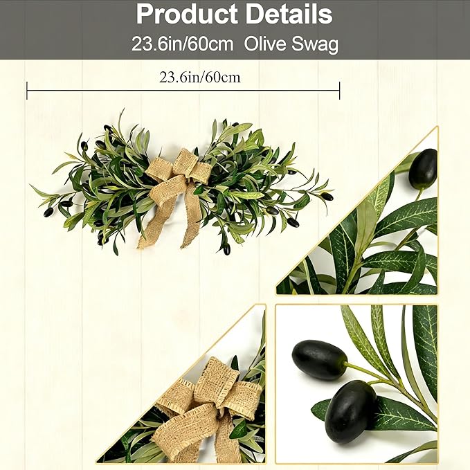 2 Pack 24" Artificial Olive Swag, Full Greenery Swag with Easy-Hang Burlap Bow, Flexible Realistic Olive Branch Wreath for Front Door, Wedding Arch, Wall, Farmhouse Home Decor