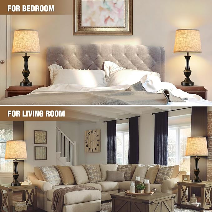 Luvkczc Upgraded Touch Table Lamps Set of 2, 22" Tall Bedside Lamps with USB C+A Ports, Dimmable Nightstand Lamps for Bedroom, Living Room, Office, Black Lamp with Beige Lampshade, Bulb Included