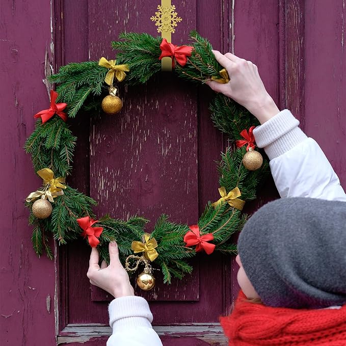 Wreath Hangers for Front Door,15" Sturdy Metal Wreath Doors Hangers,Over The Door Hooks for Front Porch Decor,Garland Hooks Holders for Halloween Christmas Decorations (Gold Snowflakes, 1 Pack)