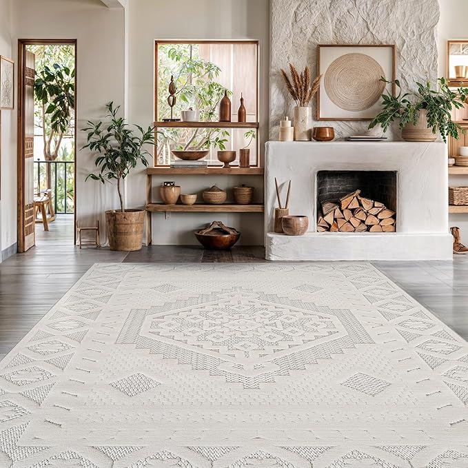 Modern Micro Loop Indoor Area Rugs for Living Room Bedroom Kitchen Geometric Trellis White 5x7 Luxury Durable Low and High Pile Non-Shedding Stain Resistant Soft Area Carpet 5 x 7