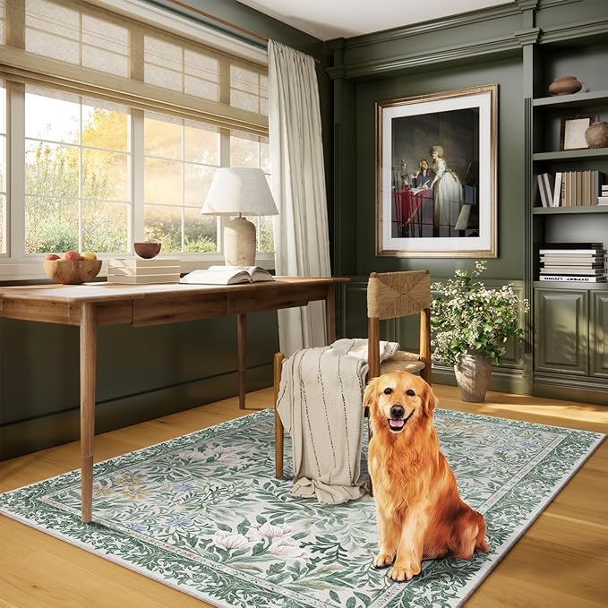 Botanical Floral Area Rug 4x6 Light Green Cream Vintage Garden Design, Perfect for Living Room, Bedroom, Kids Room, Nursery - Stain & Water Resistant Non-Slip, Pet & Child Friendly Area Rugs