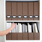 BLU MONACO | Cardboard Magazine File Holder Set of 6 | Vertical Magazine File Holder with Leather Label Slots | Standing File Holder and Cardboard Bins for Shelves Desk Office