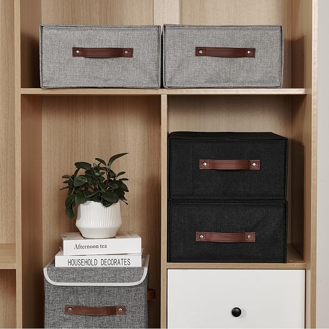 2PCS Closet Drawer Organizer Stackable Fabric Storage Boxes Bins Baskets with Lid PU Leather Handles Foldable Washable Cotton Linen Wardrobe Shelf Cloth Towels Container (Gray, Large)