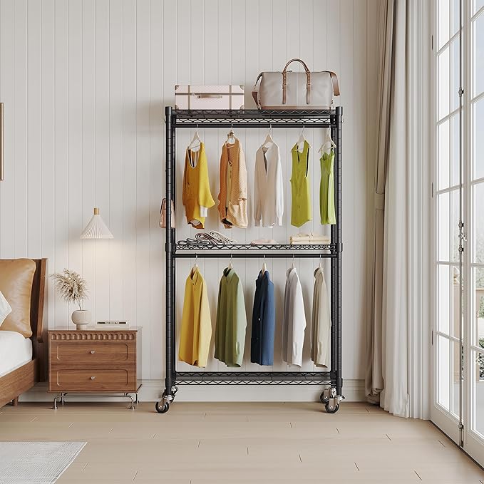 Rolling Clothing Rack for Hanging Clothes Heavy Duty Garment Rack with Wheels Metal Adjustable Shelves & Double Hanging Rods H2 Portable Closet for Bedroom, Black Coat Rack