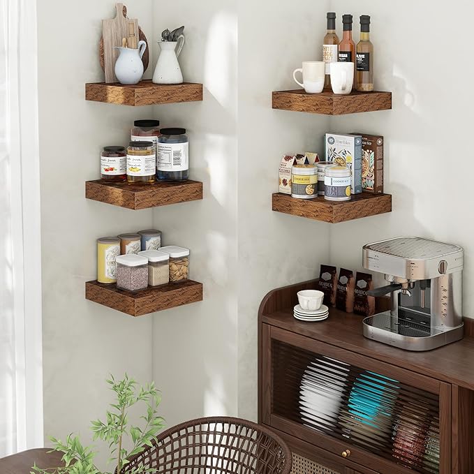 Venusmiles Square Floating Shelves for Wall, 12" W x 12" D x 2" H, 2 Pack of Small Wall Mounted Engineered Wood Shelves with Invisible Brackets for Living Room, Bedroom, Bathroom, Kitchen Decor, Brown