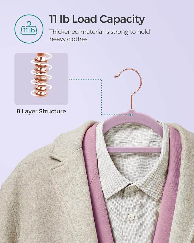 SONGMICS Velvet Hangers, Set of 50 Clothes Hanger with Rose Gold Swivel Hook, Non-Slip, and Space-Saving, 0.2-Inch Thick, 17.1-Inch Long for Coat, Shirt, Dress, Pants, Tie, Lavender Purple UCRF021GP50
