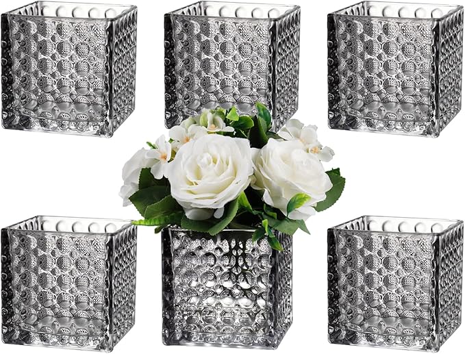 Square Vases Set of 6, 5" x 5" x 5" Square Glass Vases for Flowers, Black Flower Vase for Centerpieces, Small Bubble Vase for Wedding, Party, Home, Office, Parties, Events