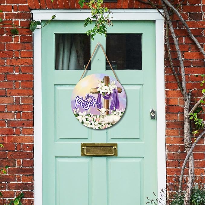 He is Risen Easter Religious Cross Sign for Front Door 12"x12" Spring Sunrise Lamb Door Hanger for Outdoor Outside Porch Christian Lily Flowers Wooden Wreath Easter Wall Hanging Decoration for House