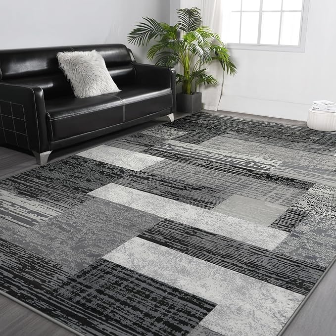 FlyDOIT Modern Geometric Patchwork Area Rug, 8x10 Grey Large Rugs for Living Room, Rockwood Collection Indoor Rugs for Bedroom, Throw Carpet Floor Decor for Entryway Dining Room Office Nursery