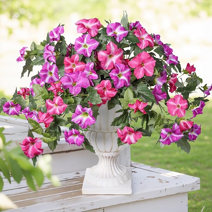 HyeFlora Artificial Flowers for Outdoors 2PCS Spring Faux Morning Glory Look Real Silk Flowers for Outside Planter UV Resistant Fake Flowers for Home Garden Balcony Yard Porch Deco