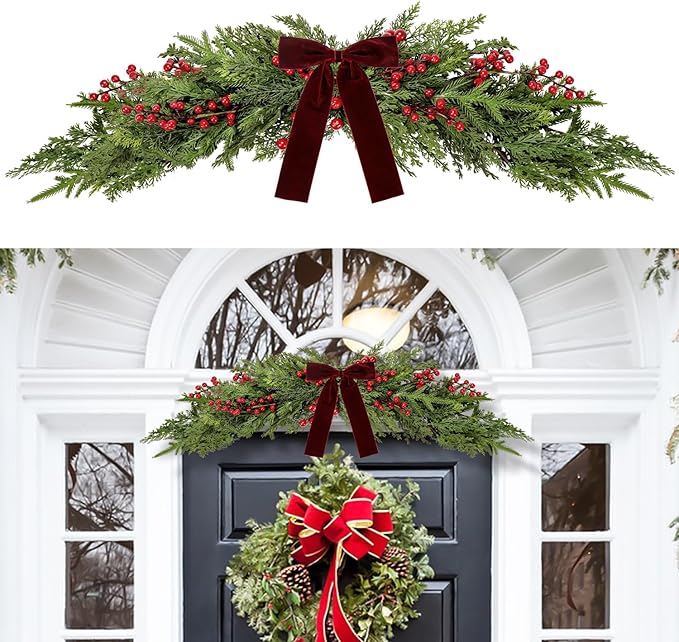 60cm Artificial Christmas Norfolk Pine Cedar Swags with Velvet Bow Greenery Decoration for Mantel Window Mirror Picture Frame Mailbox Holiday Indoor Outdoor Home Decor (Red Berry, 60cm/23.6'')