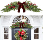 60cm Artificial Christmas Norfolk Pine Cedar Swags with Velvet Bow Greenery Decoration for Mantel Window Mirror Picture Frame Mailbox Holiday Indoor Outdoor Home Decor (Red Berry, 60cm/23.6'')