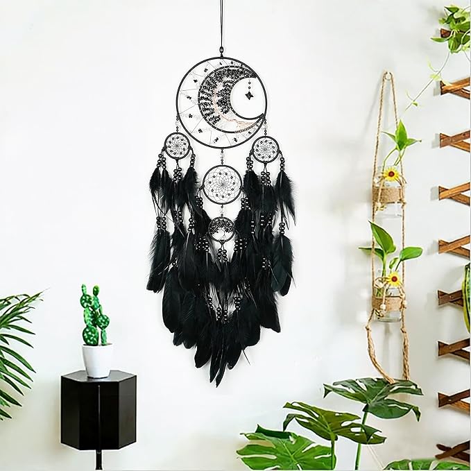 Large Dream Catchers, Handmade Woven Moon Healing Crystal Stone Dream Catcher Wall Hanging Ornament for Bedroom Living Room Wedding Party Decor, Festival Blessing Craft Gift (Black Moon)