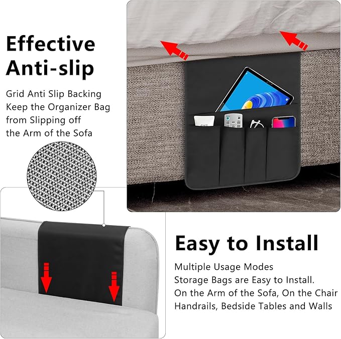 Non-slip Couch Organizer Armchair Caddy, Oxford TV Remote Control Holder Bedside Caddy with 5 Pockets for Key Glasses Phone Magazine Holders.
