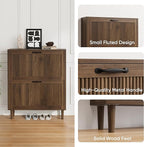 Smuxee Walnut Shoe Cabinet with 2 Flip Drawers, 31.5" Hidden Shoe Storage Cabinet with Small Fluted Doors, Freestanding Shoe Organizer Cabinet for Entryway, Hallway, Living Room