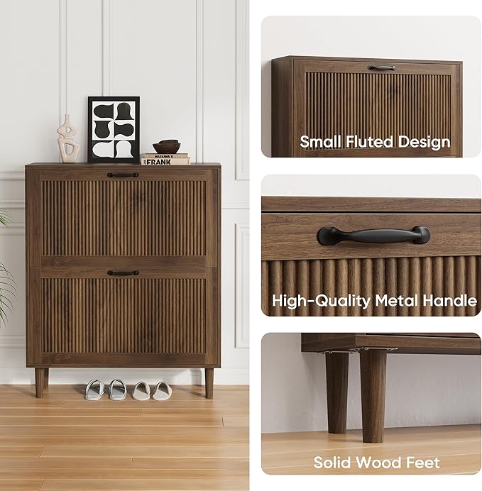 Smuxee Walnut Shoe Cabinet with 2 Flip Drawers, 31.5" Hidden Shoe Storage Cabinet with Small Fluted Doors, Freestanding Shoe Organizer Cabinet for Entryway, Hallway, Living Room