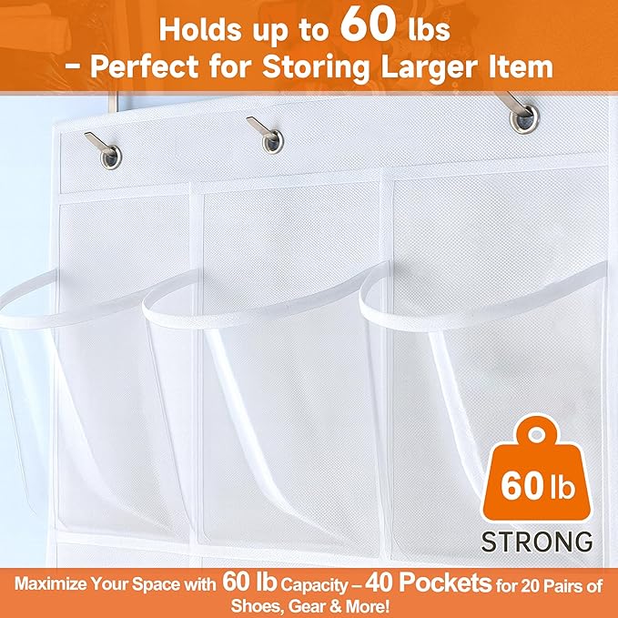 Over the Door Shoe Organizer with 40 Clear PVC Pockets – Waterproof Hanging Shoe Holder for Closet & Bathroom – Space-Saving Door Shoe Rack for Shoes, Toys, Toiletries & Snacks (White)