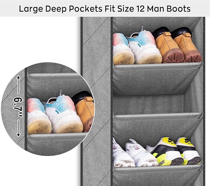SLEEPING LAMB Over The Door Shoe Organizer for Closet with Large Deep Pockets, Narrow Shoe Rack for Door Hanging Boots Storage, Grey