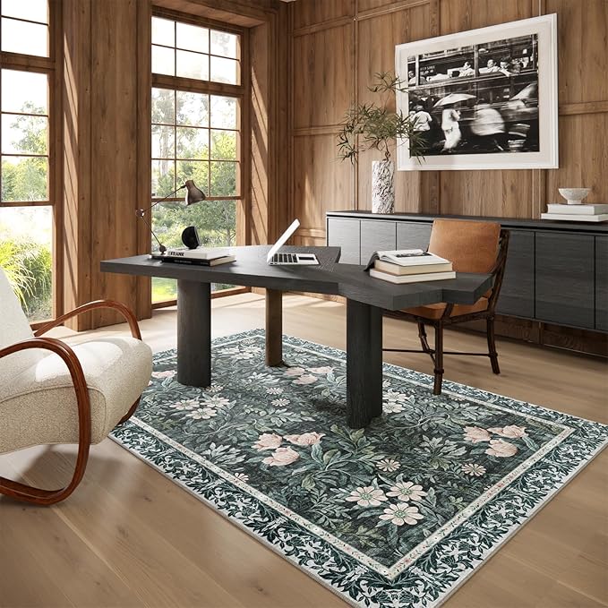 Vintage Floral with Ornate Border Washable 4x6 Area Rug, Soft Low Pile Carpet for Living Room, Dining Room Under Table, Bedroom | Non-Slip, Stain Resistant & Durable