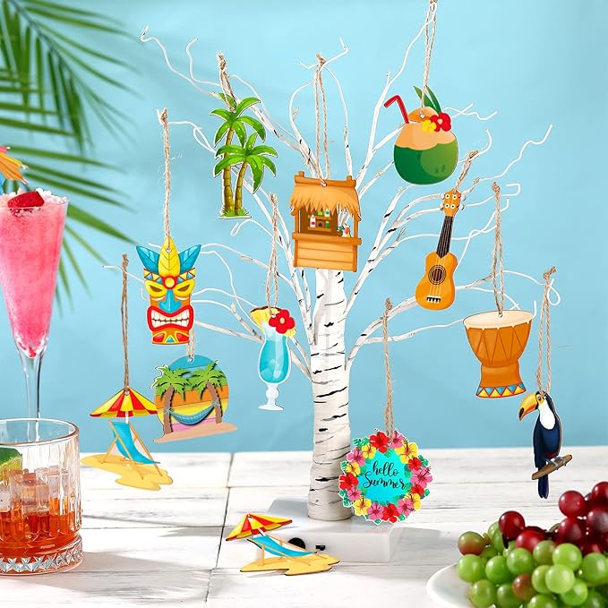 Geelin 36 Pcs Summer Wood Hanging Ornaments for Tree Mini Tree Decorations Hawaiian Beach Wooden Pendant Decorations with String for Luau Party Supplies(Aloha)