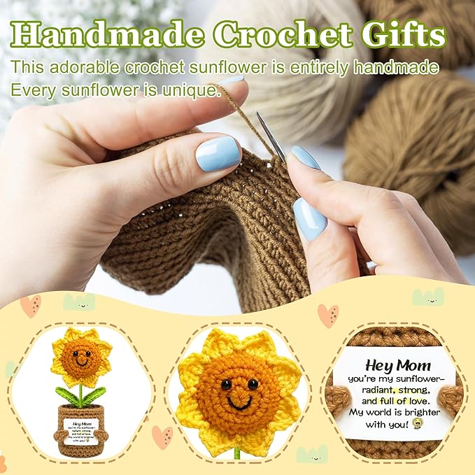 Gifts for Mom Mothers Day Birthday Gifts- Positive Crochet Sunflower, Funny Cute Small Sunflower Gift for Mom Bonus Mother in Law from Daughter Son Positive Emotional Support Pickle Gift