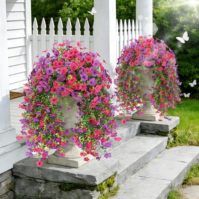 2 Bundles Fake Flowers for Spring Decor, Hanging Artificial Flowers for Outdoors, UV Resistant Spring Floral Stems for Porch, Window and Garden Decoration (2)