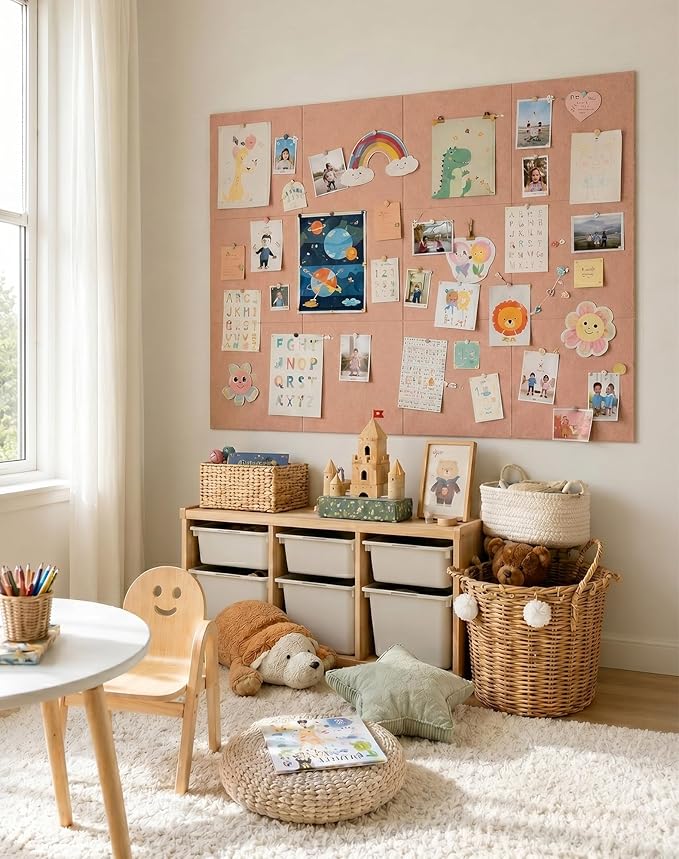 Aothia 12-Pack Felt Bulletin Board Tiles for Walls - 48x36 Modular Bulletin Board, Cork Board Alternative Pin Board for Office & Classroom, 70 Adhesive Tabs & 40 Push Pins Included (Pink)