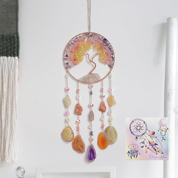 Agate Moon Dream Catchers with Crystal Color Gemstone Dream Catchers Natural Tree of Life Gem Agate Wall Hangings Room Garden Dreamcatchers Decor (Color)