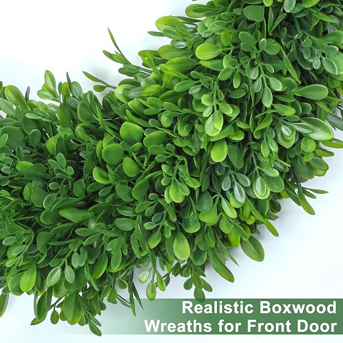 26Inch Boxwood Wreaths for Front Door，Summer Wreaths for Front Door Outside Realistic，Front Door Wreath Outside All Season，Artificial Green Wreath for Farmhouse Porch Wall Wedding Room Home Decor