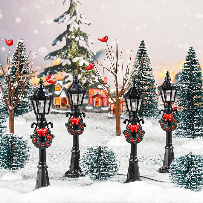 32 PCS Christmas Figurine Village Accessories, Mini Street Light Models with Brush Trees, Miniature Christmas Pathway Street Lamps Lantern Post for DIY Micro Landscape Fairy Garden