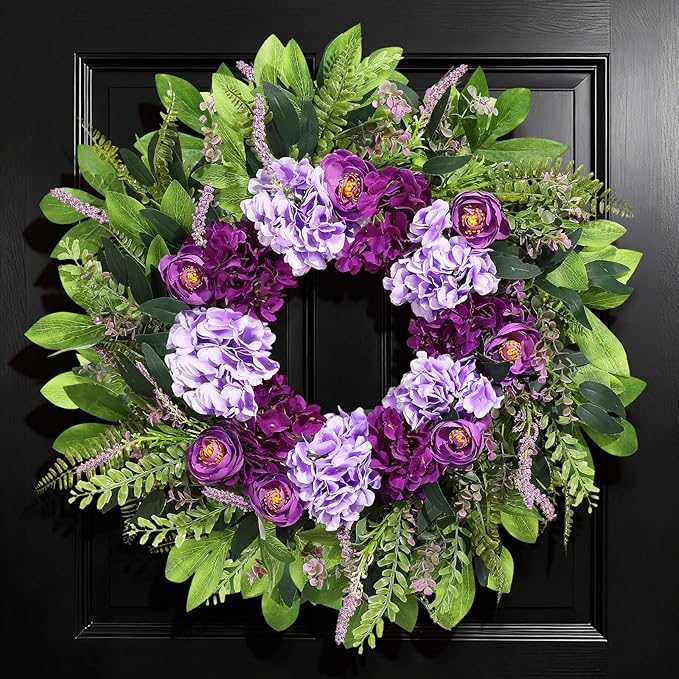 Summer Wreaths for Front Door, 24 Inch Summer Wreath Purple Floral with Hydrangea Ranunculus Flower Summer Door Wreaths for Porch Entryways Wall Window Farmhouse Party Home Seasonal Decor