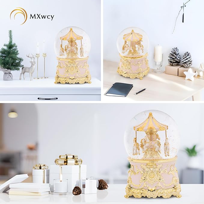 Carousel Music Box Gold Pink Christmas Snow Globes, 7.1" Glass Rotate Carousel Snow Globe for Kids & Adults, Classic Wind up Musical Snow Globe Valentines Day Gifts, Carousel Horse Home Decor