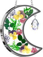 KY&BOSAM Moon Suncatcher Gifts for Mom Family Friends Stained Glass Suncatchers for Windows Hangings Wind Chimes with Real Flower Colorful Crystal Outdoor for Garden Indoor Home Christmas Trees Decor