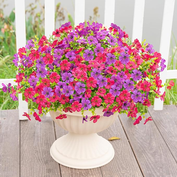 Artificial Fake Flowers Plants for Outdoors Spring Summer Decoration,16 Bundles Faux Flowers Silk Daisy Plants UV Resistant for Outside Planters Front Porch Patio Window Garden(Light Purple,Fuchsia)