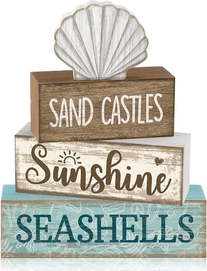 Yuntau 4 Pcs Summer Decorations for Home Beach Shells Wooden Tabletop Decor Summer Tiered Tray Decor Rustic Sand Castles Sunshine Seashells Block Sign Centerpiece Farmhouse Table for Shelf Office
