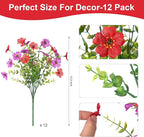 Artificial Fake Flowers Plants for Outdoor Spring Decor, 12 Bundles Faux Silk Flowers for Outdoor Outside Planter Colorful Daisy UV Resistant Look Real for Front Door Porch Patio Yard(Red Purple)
